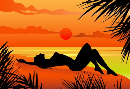 Vector illustration of a girl lying on the beach silohuetteのイラスト素材