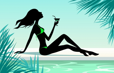 Girl with cocktail sitting on the beachのイラスト素材