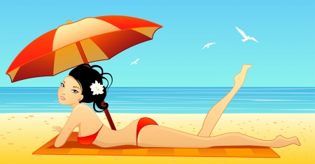 illustration of a girl on a beachのイラスト素材