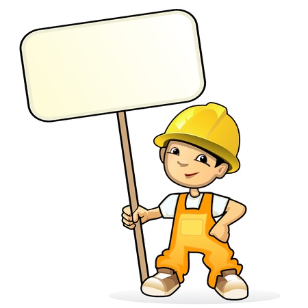 Vector illustration of a young builder with signのイラスト素材