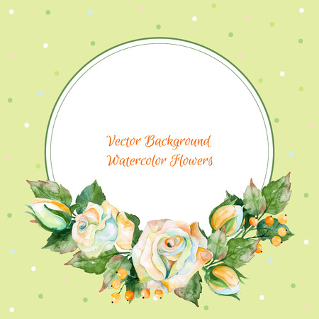 Vector round frame of white rose and other. Watercolor wreath. Can be used as a greeting card for background of wedding birthday mother39s day or any other design. Floral elements for your designのイラスト素材