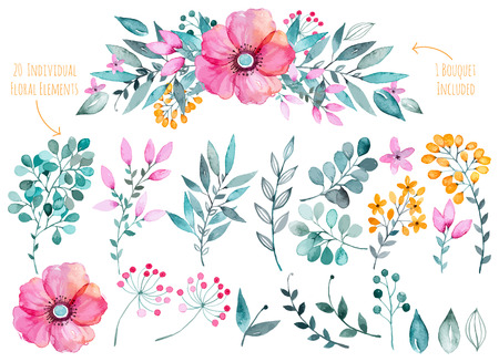 Vector floral set.Colorful purple floral collection with leaves and flowers, drawing watercolor.Colorful collection with floral flowers1 bouquet.Set of beautiful floral elements for your compositions.