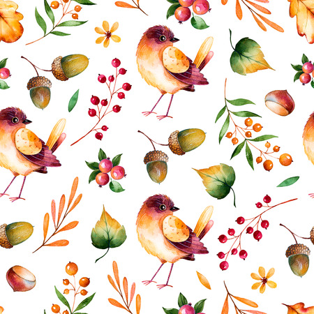 Seamless pattern with autumn leaves, flowers, branches, berries, acorns, chestnut and little bird.Colorful illustration.Watercolor handpainted texture on white background.Perfect for wallpaper, blogs, coverの写真素材