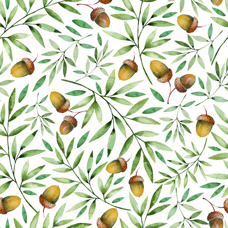 Seamless pattern with autumn leaves and acorns.Watercolor handpainted texture on white background. Autumn illustration.Can be used for wallpaper, texture, print, cover, blogs, invitation, wedding etc.の写真素材