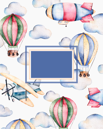 Beautiful watercolor pre-made template card with illustration with place for text.Handpainted air balloons, clouds, and the airship flat in pastel colors.Parfect for wedding, invitation, lettering, quotesの写真素材