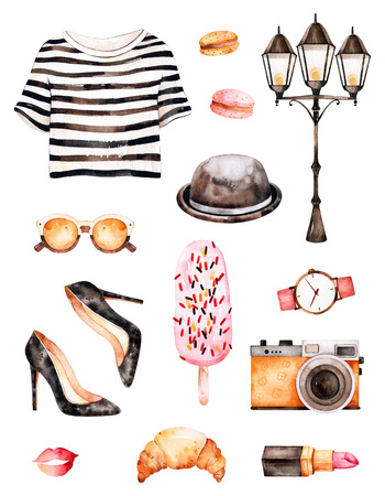 Watercolor fashion illustration. Watercolor illustration Paris style. Handpainted texture with striped top, sunglasses, cosmetics, shoes, ice cream, macaroons, hat.Perfect for you project, wallpaper, printの写真素材