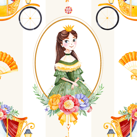 Romantic seamless fairy tale texture with bouquets, carriage, flower, princess, hand fan, gemstone.Lovely blush yellow stripe background.Perfect for wedding, Birthday, print, wallpaper, cover design, packagingの写真素材