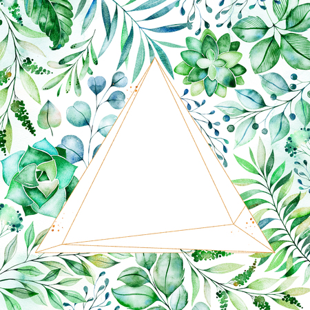 Watercolor Green illustration.Pre-made frame border with palm leaves, branches, berries.Perfect for wedding, quotes, Birthday and invitation cards, greeting cards, print, blogs, bridal cards, logo etc.の写真素材