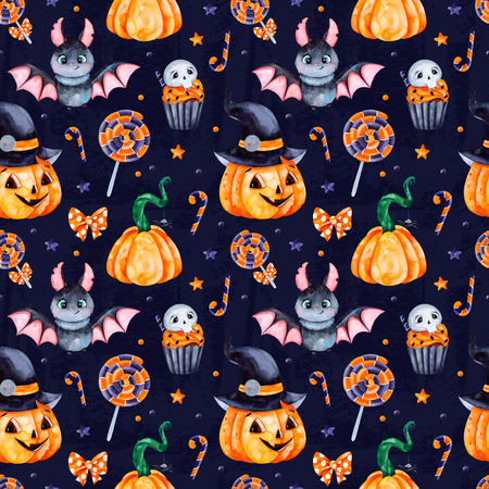 Cute watercolor Halloween seamless pattern. Dark Background with pumpkins, candy, muffin, bat, skull and bow.Perfect for wallpaper, print, stationery, scrapbooking, stickers, party decorations.の写真素材