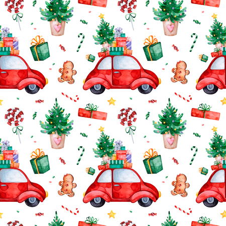 Bright seamless pattern with Christmas tree, candy, red retro car, gift and more.Watercolor holiday texture.Perfect for your Christmas and New Year project, invitations, greeting cards, wallpapers, print etcの写真素材