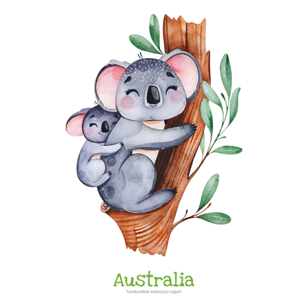 Australia watercolor set.Cute koala with baby on eucalyptus tree.Watercolor animals.Perfect for wallpaper, print, packaging, invitations, baby shower, patterns, travel, logos etc.の写真素材