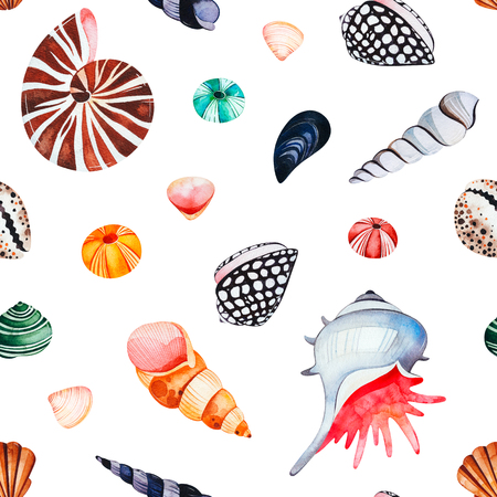 Underwater creatures.Watercolor seamless pattern with multicolored seashells.Perfect for wallpaper, print, packaging, invitations, packaging, cover design, travelの写真素材