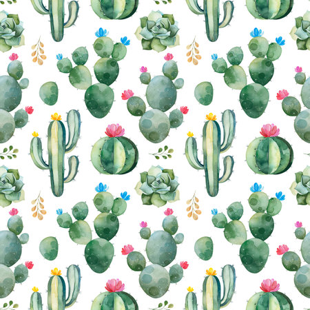 Seamless pattern with green watercolor cacti, succulents and multicolored flowers.Nature background.Perfect for your project, wedding, print, design, wallpaper, pattern, texture and moreの写真素材