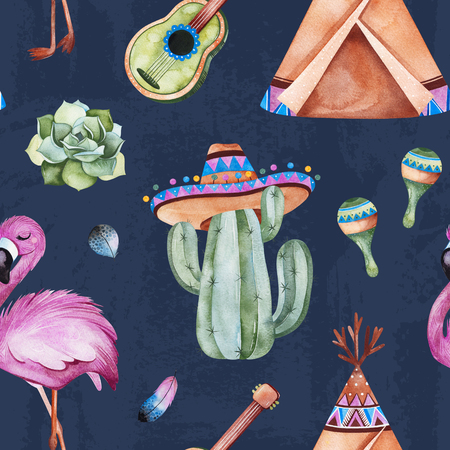 Seamless pattern with mexican ethnic elements: cactus, sombrero, maracas, teepee, guitar, flamingo, feather and more. Abstract texture. Perfect for your project, wallpaper, print, packaging and cover desing.の写真素材