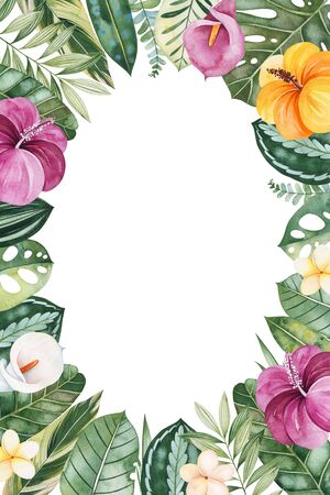 Watercolor Tropical Forest set.Greeting card with leaves, branches, palm leaf, multicolored flowers.Perfect for wedding, invitations, quotes, logos, Birthday cards, bridal shower and your unique creation.の写真素材