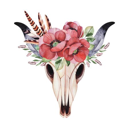 Watercolor bull skull head with multicolored horns, poppies flowers, branches, fern leaves, feathers. Watercolor boho illustration.Perfect for wedding, invitations, greeting cards, wallpaper, bridal showerの写真素材