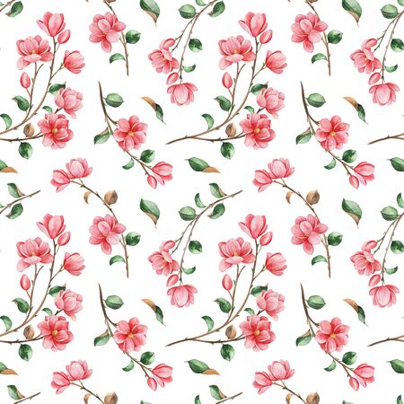 Watercolor beautiful seamless background. Magnolia flowers and leaves on white texture. Hand painted illustration. Perfect for print, packaging, wallpapers, textile and much moreの写真素材