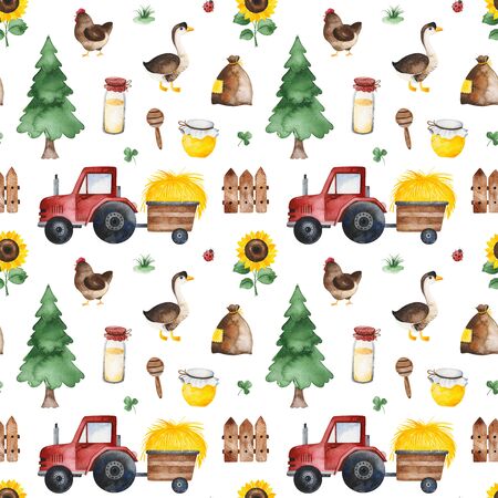 Watercolor Seamless Pattern. Farmer texture with tree, honey, tractor, goose, chicken, clover, sunflower and more. Perfect for print, packaging and template design, cover, books, wallpapers.の写真素材