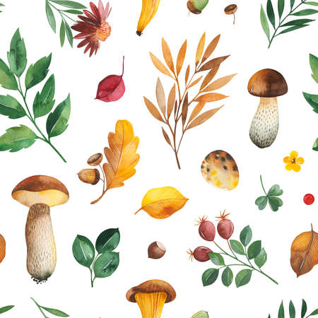 Watercolor Autumn pattern with leaves, berries, branches, nuts, acorns, flowers, mushrooms and more. Perfect for wallpapers, baby shower, children prints or room decor, template cards, cover, packaging papersの写真素材