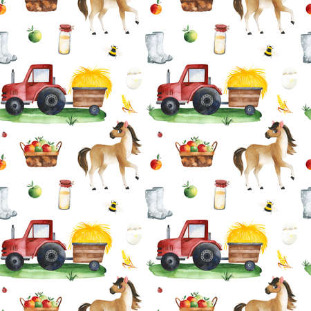 Cute Farm collection.Watercolor seamless pattern with tractor, fruit, horse, boots, wheat, egg.Perfect for wallpapers, baby shower, children prints or room decor, template cards, cover, packaging paperの写真素材