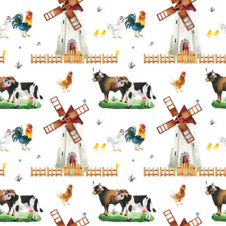 Cute Farm collection.Watercolor seamless pattern with windmill, fence, cow, bull, hen, rooster.Perfect for wallpapers, baby shower, children prints or room decor, template cards, cover, packaging papersの写真素材