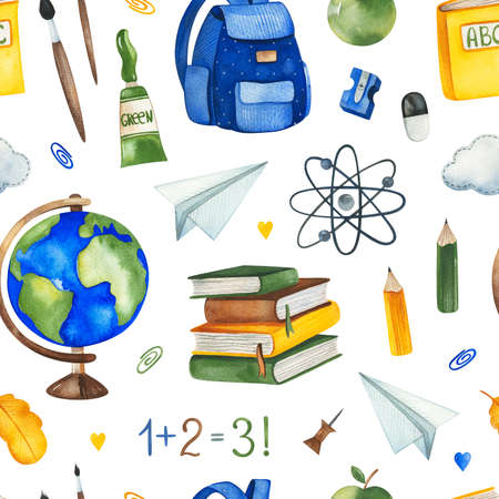 Watercolor teacher seamless pattern with apple, backpack, pencils, books, figures, cloud, paint brush, sharpener, globe and more. Perfect for print, wallpaper, print, template design, school design, educationの写真素材