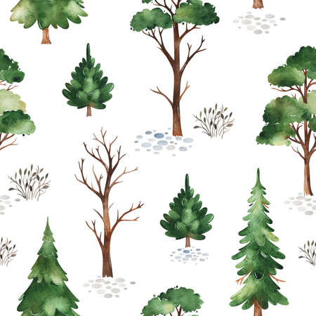 Cute Woodland collection.Watercolor seamless pattern with evergreen,trees,bushes. Perfect for prints, wallpapers, room decor, template design, books, textiles.の写真素材