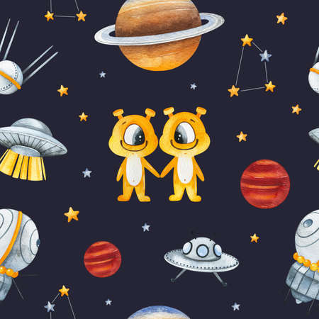 Watercolor Seamless Pattern. Cosmos texture with aliens,planets,spacecraft,rocket,constellation,stars and more. Perfect for print, packaging and template design, cover, books, wallpapers.の写真素材