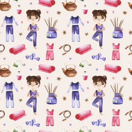 Watercolor yoga seamless pattern with cute girl, sportswear, dumbbells, candles, yoga mat, tea and spices and more. Perfect for print,wallpaper,print,template design,school design,educationの写真素材