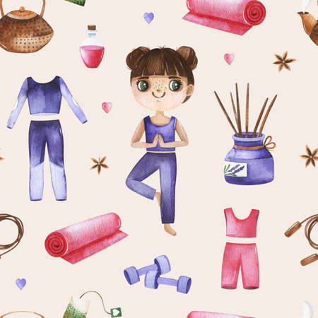 Watercolor yoga seamless pattern with cute girl, sportswear, dumbbells, candles, yoga mat, tea and spices and more. Perfect for print,wallpaper,print,template design,school design,educationの写真素材