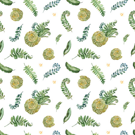 Cute dinos world collection. Seamless texture with watercolor fern leaves,branches,shell.Perfect for print,wallpapers,textile,packaging and moreの写真素材