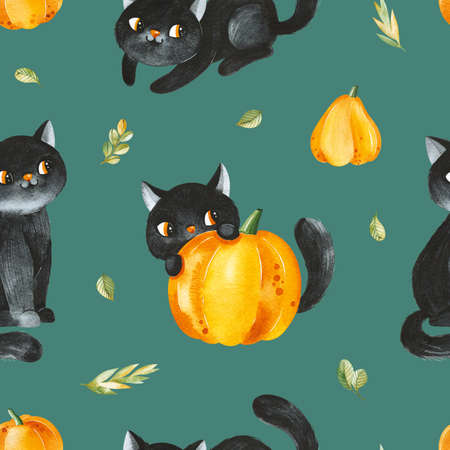 Cute watercolor Halloween seamless pattern.Background with black cats and pumpkins.Perfect for wallpaper,print,stationery, scrapbooking, packaging,party decorations.の写真素材