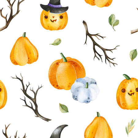 Cute watercolor Halloween seamless pattern.Background with pumpkins and branches.Perfect for wallpaper,print,stationery, scrapbooking, packaging,party decorationsの写真素材