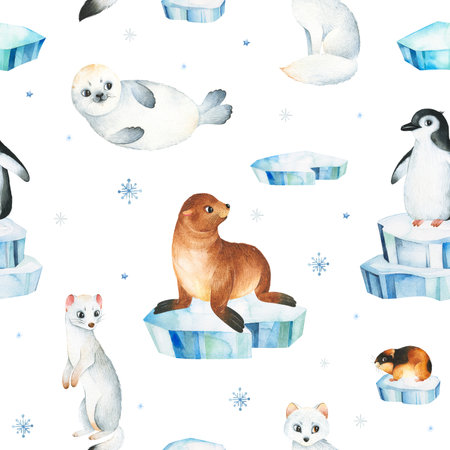 Watercolor winter seamless white background with cute arctic animals.Perfect for invitation,wallpaper,print,textile,holiday,Christmas packaging etcの写真素材