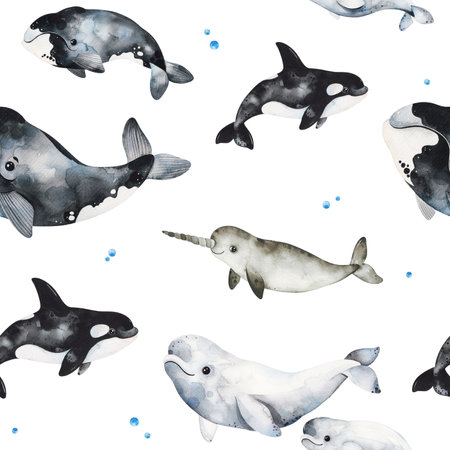 Watercolor seamless winter background with whales, narwhal and beluga.Perfect for invitation,wallpaper,print,textile,holiday,Christmas packaging etcの写真素材