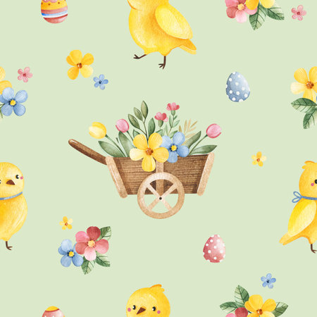Watercolor Easter background. Texture with bouquets,cute yellow chickens,wooden cart and colorful eggs.Spring collection.Perfect for wallpapers,wedding,print,textile,packaging andの写真素材