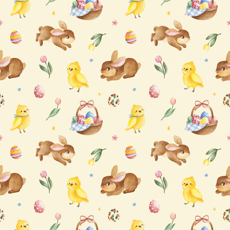 Easter seamless pattern with cute bunny, chicken, eggs and tulipsの写真素材