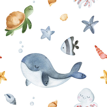 Cute seamless background with turtle,shells,fishes,whale,octopus and starfish.Underwater collection.Perfect for baby shower,packaging,wallpaper,nursery,invitations,birthday,textureの写真素材