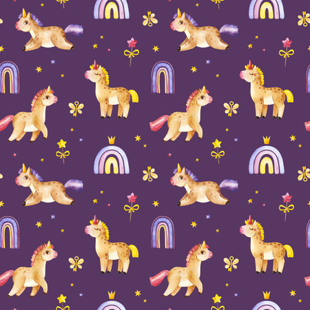 Seamless pattern with cute unicorns and rainbow on purple backgroundの写真素材