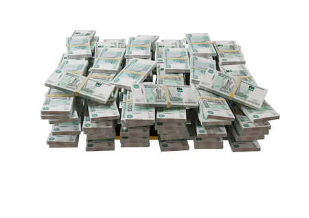 Stack Russian cash or banknotes of Rusia rubles scattered on a white background isolated The concept of Economic, Finance, Background, news, social media and texture of money 3d Rendering 5000 Rubleの写真素材