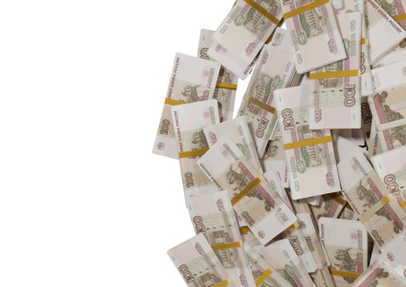 Stack Russian cash or banknotes of Rusia rubles scattered on a white background isolated The concept of Economic, Finance, Background, news, social media and texture of money 3d Rendering 5000 Rubleの写真素材