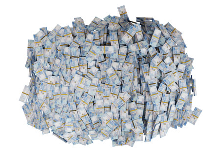 Stack Russian cash or banknotes of Rusia rubles scattered on a white background isolated The concept...