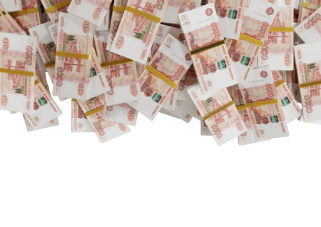 Stack Russian cash or banknotes of Rusia rubles scattered on a white background isolated The concept of Economic, Finance, Background, news, social media and texture of money 3d Rendering 500 Rubleの写真素材