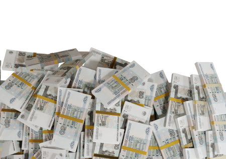 Stack Russian cash or banknotes of Rusia rubles scattered on a white background isolated The concept of Economic, Finance, Background, news, social media and texture of money 3d Rendering 5 Rubleの写真素材