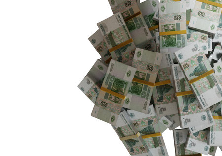 Stack Russian cash or banknotes of Rusia rubles scattered on a white background isolated The concept of Economic, Finance, Background, news, social media and texture of money 3d Rendering 5 Rubleの写真素材
