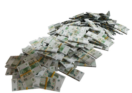 Stack Russian cash or banknotes of Rusia rubles scattered on a white background isolated The concept of Economic, Finance, Background, news, social media and texture of money 3d Rendering 5 Rubleの写真素材