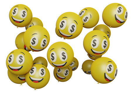 Many flying balloon with emoticon on white background Social media promotion design assets and communications concept or Birthday festive occasions parties wedding decorations 3d render illustrationの写真素材