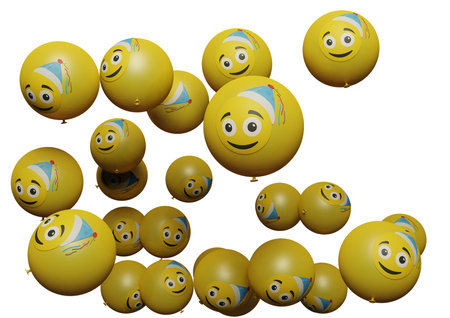 Many flying balloon with emoticon on white background Social media promotion design assets and communications concept or Birthday festive occasions parties wedding decorations 3d render illustrationの写真素材