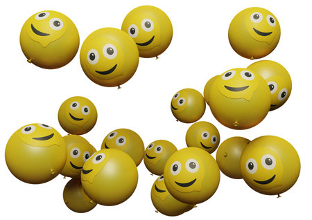 Many flying balloon with emoticon on white background Social media promotion design assets and communications concept or Birthday festive occasions parties wedding decorations 3d render illustrationの写真素材