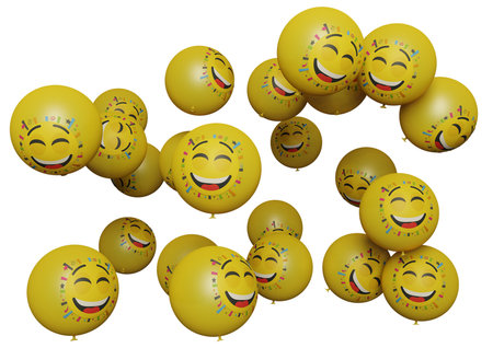 Many flying balloon with emoticon on white background Social media promotion design assets and communications concept or Birthday festive occasions parties wedding decorations 3d render illustrationの写真素材